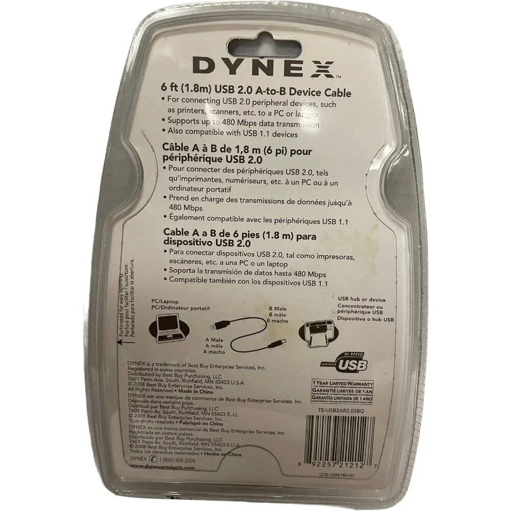 Dynex‎ USB 2.0 A-To-B Device Cable 6 Ft/1.8 Meters For Printers & Scanners